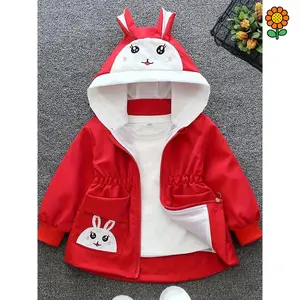 DZP-Cute Bunny-Themed Girls' Hooded Windbreaker Jacket - Light Pink, Long Sleeve, Polyester Blend, Non-Stretch Fabric with Pockets - Perfect for Spring & Autumn