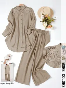 2 Piece Spring Summer Set Women | Lace Patchwork Woven Top Shirt + High Waist Wide Leg Pants | Boho Casual Style for Daily Vacation Travel Wear