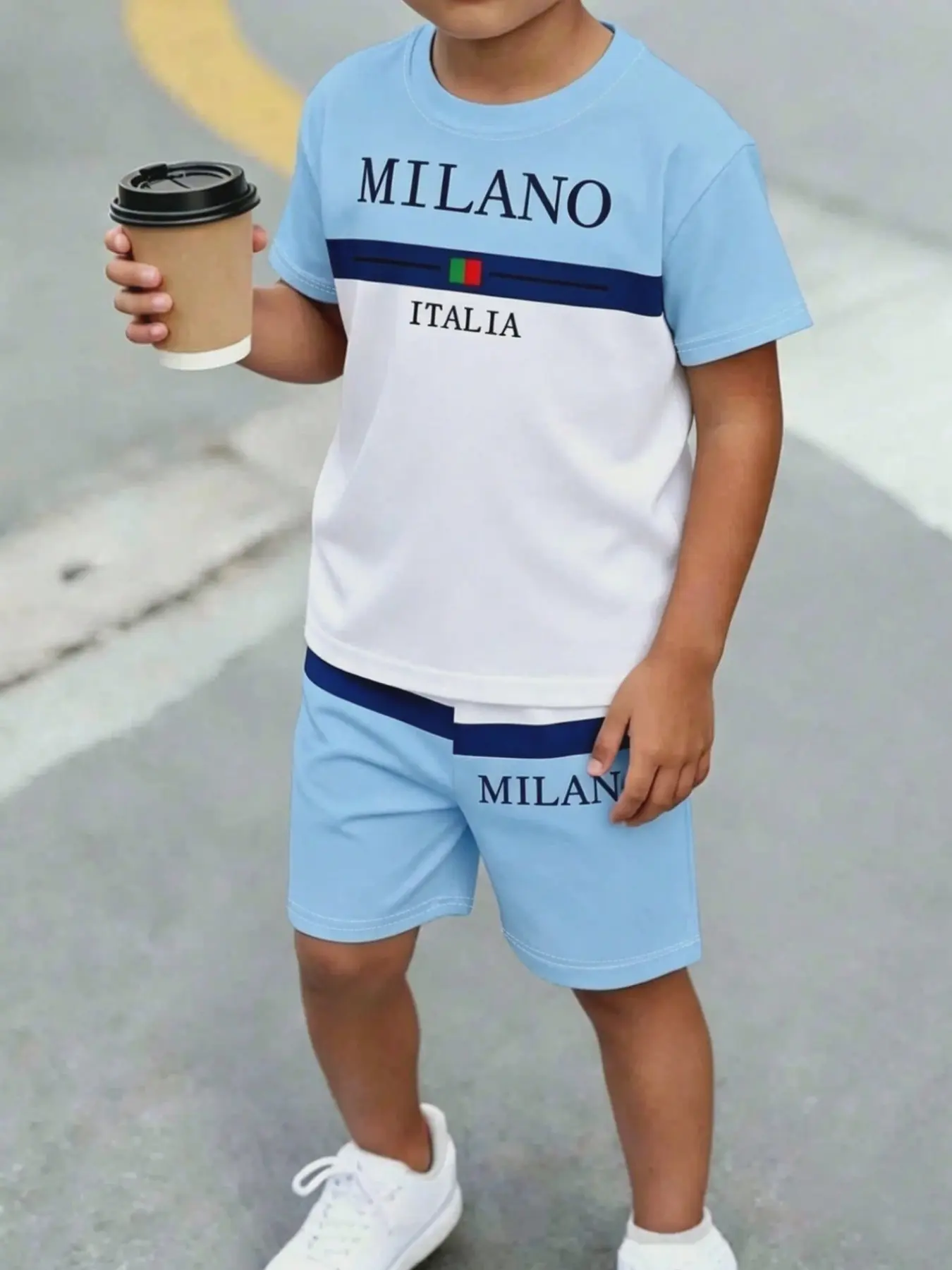 Boys' Trendy Patchwork Color Block Letter Print Short Sleeve T-Shirt & Shorts Set, Summer Clothing Set, Color Blocking Set, Casual Home Outdoor Wear, Slim Fit, All over Print