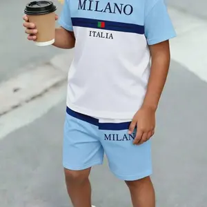 Boys' Trendy Colorblock Letter Print Short Sleeve T-Shirt & Shorts Set, Summer Clothing Set, Graphic Co-ord Set, Casual Indoor & Outdoor Wear, Slim-Fit