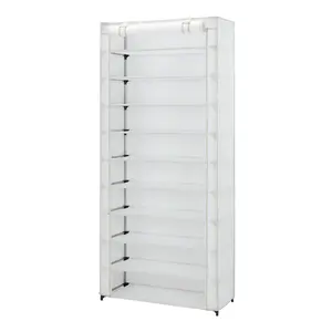 Mainstays 10 Shelf Organizer Shoe Rack with Cover to Hold 30 Pair Shoes, 31.5 in W x 13.46 in D x 69.09 in H, White