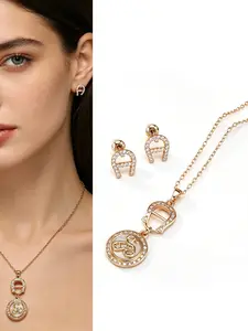 Luxury CD Pig Nose Rhinestone Abalone Jewelry Set, Unique Design Necklace Earrings Two Piece Set, Elegant Accessory Collection