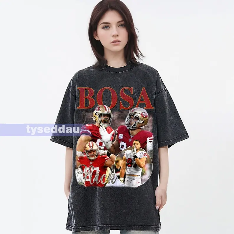 Nick Bosa Vintage Washed T-Shirt | Unisex Long Sleeve Defensive End Homage Graphic Tee | Bootleg Retro 90's Fans Hoodie Gift | Stylish Fan Apparel