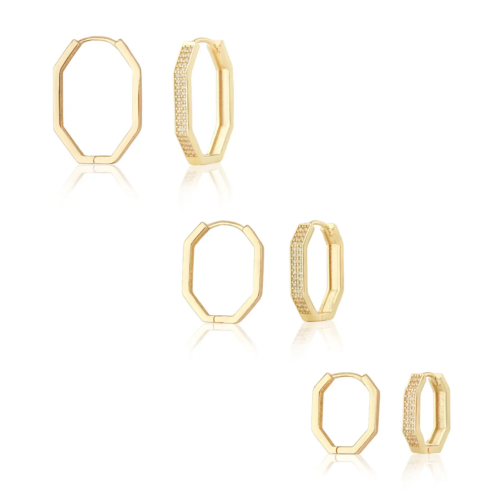 MEIITRUE 14K Gold Plated Hexagon Hoop Earrings for Women, 3 Pairs Hypoallergenic Zirconia Earrings, Lightweight Geometric Gold Hoops