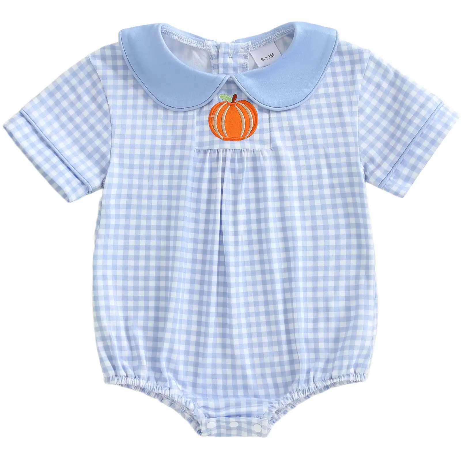 Infant Baby Boy Girl Halloween Outfit Pumpkin Embroidery Plaid Doll Collar Short Sleeve Bubble Romper Fall Onesie Bodysuit