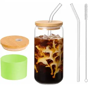 Glass Cup with Lid and Straw, 16 oz Mason Jar Style Glass Tumbler with  Lid, Removable Grass Green  Sleeve,  Iced Matcha Cup for Cold Brew and Iced Coffee