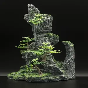Aquarium Decor LB172942 - 1pc Vibrant Artificial Mountain Landscape with Realistic Resin Rock Formation & Lush Green Moss for Fish Tank Decoration