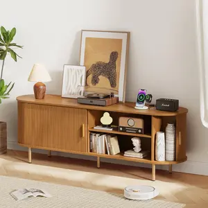 【SummerVibes】DHH  Fluted TV Stand with Power Outlet, Mid-Century Modern Curved Entertainment Center, Tambour Sliding Door Media Console with Massive Storage outdoorfun