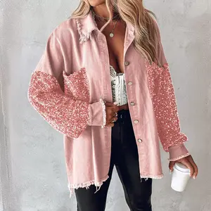 Contrast Sequin Tassel Design Fuzzy Patchwork Shacket women s bling jacket luxury outerwear tweed blazer detachable jacket pink shirt Women's Double Button Lapel Coat