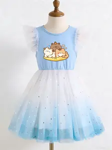 2026 New Summer Girls' Mesh Dress, Capybara Print, Fresh School Dress, Essential Back-To-School, Kids' Casual Dress