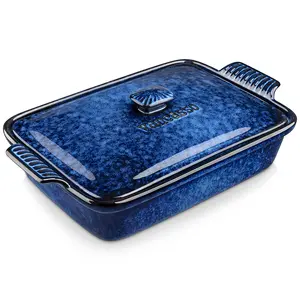 vancasso Starry 1.9/3.8 Quart Casserole Dish, Large Lasagna pan with lid, Stoneware Casserole with lid, Microwave Safe, Blue Heat Resistant Bakeware Oven