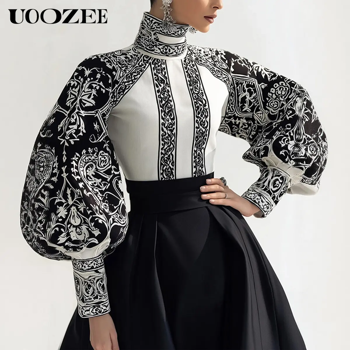 UOOZEE Women's Polyester Balloon Turtleneck Blouse - Long Sleeve, Matte Oversize Fit, Smooth Baroque Floral, Contrast Color, Lightweight Breathable Statement Top for Party, Dressy Casual (Spring Autumn), Soft, Baggy, Valentines Day, Shirts For Women