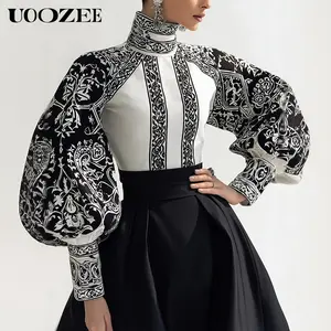 UOOZEE Women's New Spring Autumn Flower Print Contrast Color Puff Sleeves Loose High Neck Blouses&Shirts Tops, Spring Autumn Party/Cocktail/Dressy Casual Top for Women