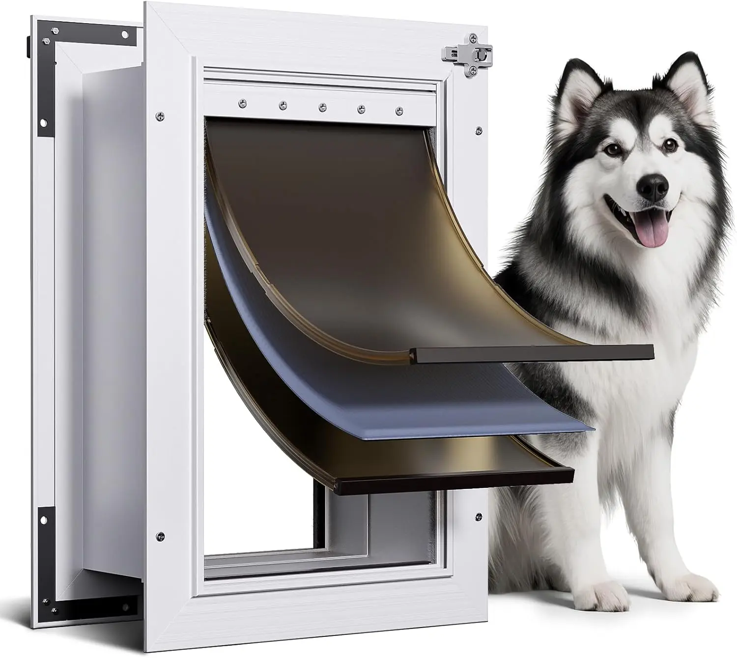 3-Flap  Door for Wall, Large   Alloy Doggy Doggie Door, Wall Mount Pet Door for Dogs with 2 Locks, Insulation Layer, 2  Flaps, Closing Panel, Pets Up to 110 LB