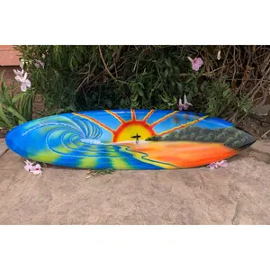Surfer Sunrise Tropical Beach Airbrushed Surfboard Mango Wood Wall Plaque 39"x10"