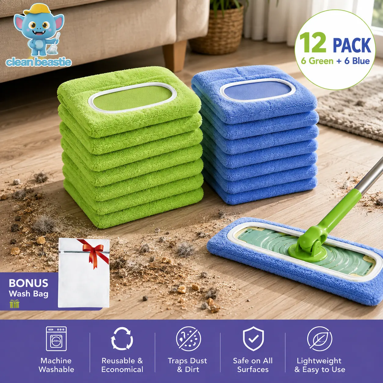 8Pcs Washable Microfiber Mop Pads, Reusable Wet & Dry Floor Cleaning Refills, Replacement Mop Pad Covers with Laundry Bag for Home Cleaning | Clean Beastie