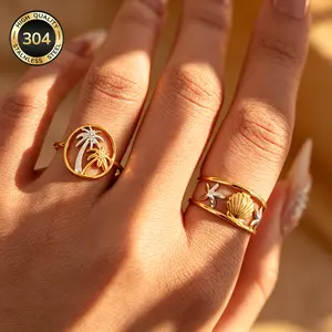 Luck Jewelry Fashion Tropical Beach Rings - Cute Coconut, Shell & Starfish Designs with Metal Coating for Summer Vibes