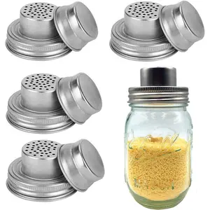 Mason Jar Shaker Lids Stainless Steel 4 Pcs with Silicone Seals for Spices Salt Sugar Pepper Seasoning Container Leakproof Durable Kitchen Organizer Gift