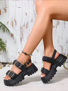 Y2K Chunky Women's Platform Sandals - Thick Soled Sandals, Ruched PU Straps, Oversized Gold Buckles, Lug Sole, Trendy Streetwear Footwear (2 Colors)