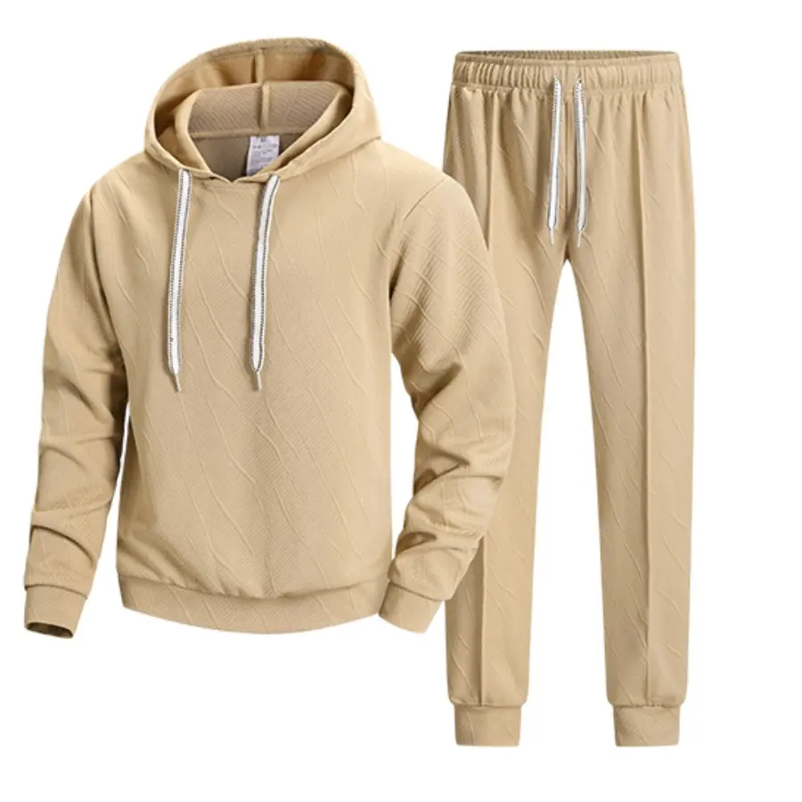 Men’s 2-Piece Minimalist Luxury Hooded Jogging Set - Light Khaki Textured Fabric, Drawstring Hood, Coordinated Premium Outfit for Everyday Commuting