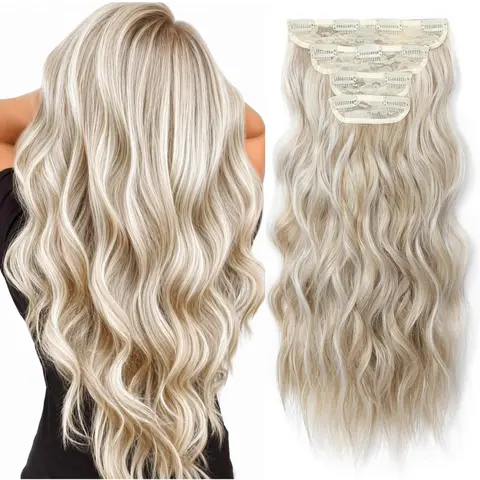 Women's Clip-in Hair Extensions - 4PCS 20-Inch 613 Blonde Synthetic Boho Curly Ends, Soft Ash & Light Mixed Shade, 6.7oz, Iron/Straighten Compatible, Accessories for Women, Ideal for Ponytail Hairstyles