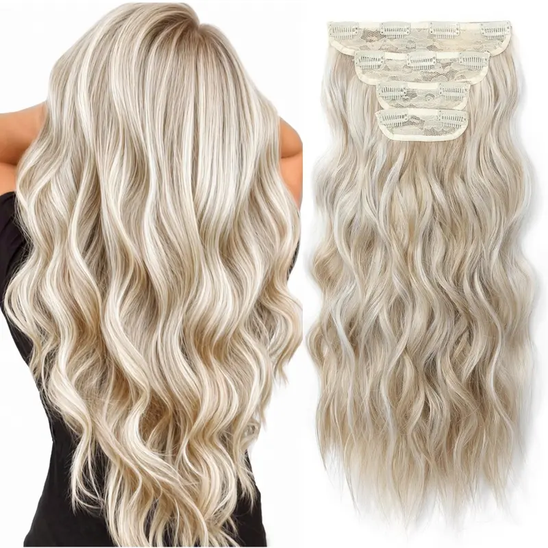 Women's Clip-in Hair Extensions - 4PCS 20-Inch 613 Blonde Synthetic Boho Curly Ends, Soft Ash & Light Mixed Shade, 6.7oz, Iron/Straighten Compatible, Accessories for Women, Ideal for Ponytail Hairstyles
