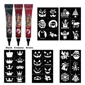 3-Color Henna Body Art Makeup Kit with Fun Holiday Stencils | Christmas Temporary Skin Designs for Parties & Festivals