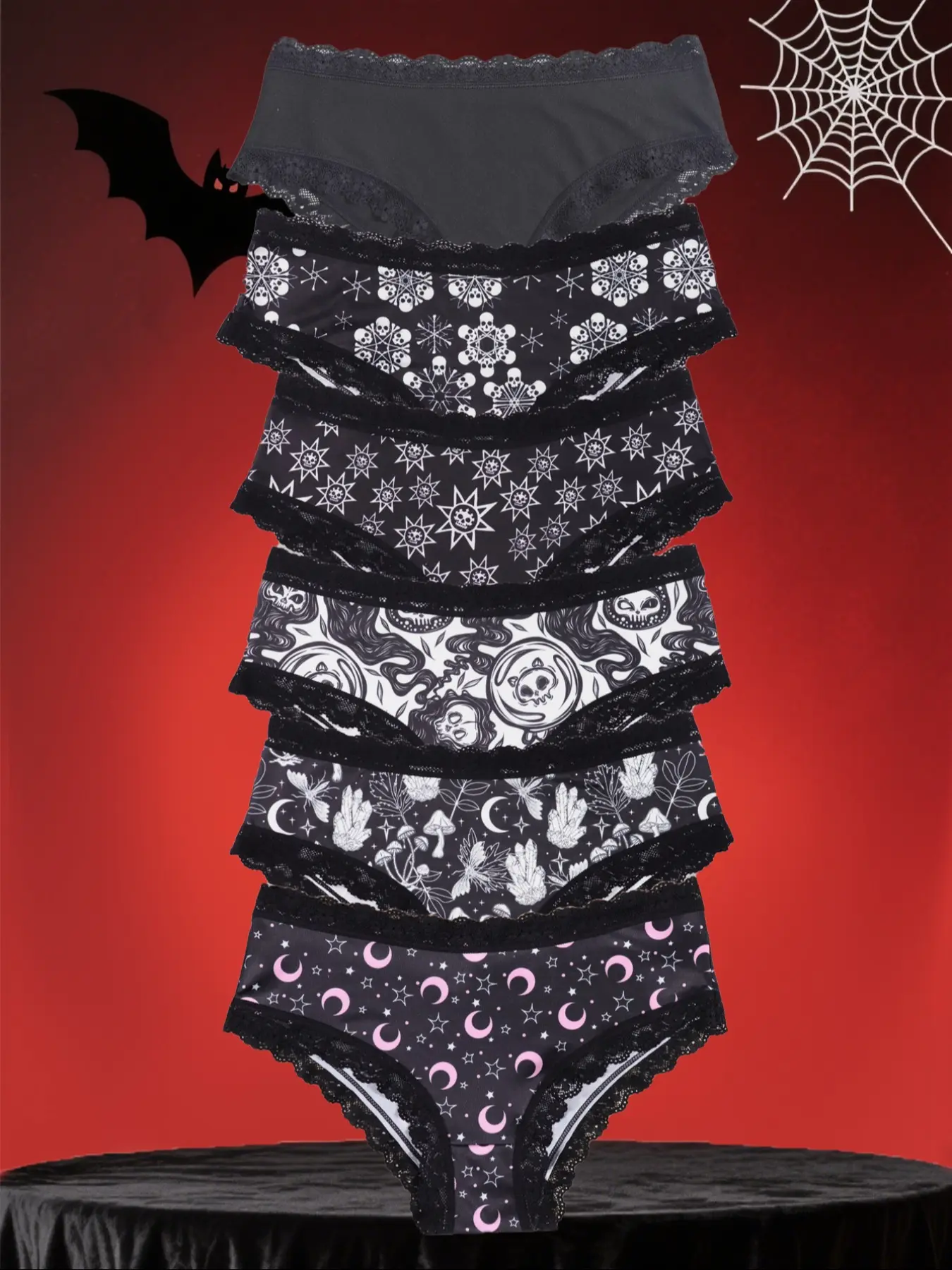 Morvia 6pcs Sexy Cute Gothic Halloween Contrast Lace Hipster Panties, Allover Print Comfy Intimates Briefs Panties, Women's Underwear & Lingerie, Lace Trim Panty