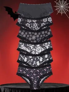 Morvia 6pcs Sexy Cute Gothic Halloween Contrast Lace Hipster Panties, Allover Print Comfy Intimates Briefs Panties, Women's Underwear & Lingerie, Lace Trim Panty