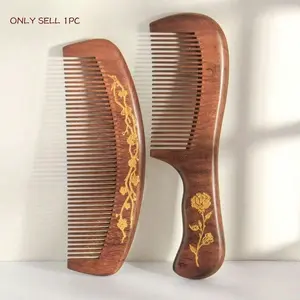 1pc/2pcs Sandalwood Fine-Tooth Comb, Wooden Comb, Hand-Drawn Vintage Floral Rose Butterfly Design, Anti-Static Hair Brush for Women