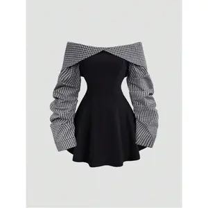 Women’s autumn–winter minimalist Bardot pleated-waist contrast mini dress, slim-fit casual fabric