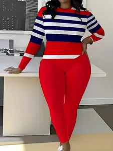 Plus size ladies long sleeve trousers two river set, striped contrasting crew neck top, motorcycle slim fit trousers plus size fashion women