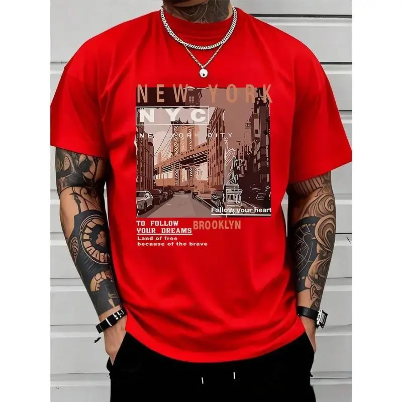 Men's Graphic T-Shirt with Retro Brooklyn Print, Casual Streetwear Regular Fit Short Sleeve in a Stretch Cotton Blend Fabric