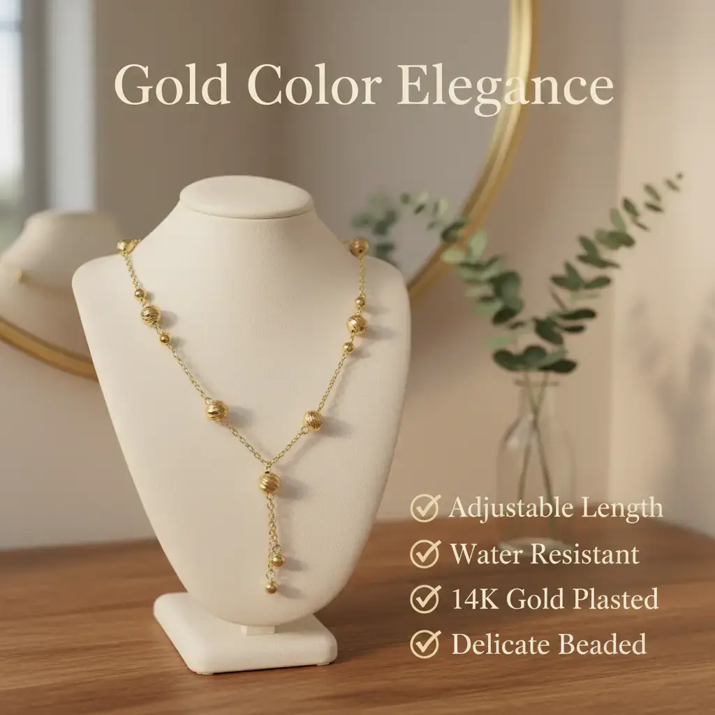 Amtiari Delicate Beaded Necklace – Adjustable 15”–17.5”, Water Resistant, High-Quality 14K Gold Plated, Lightweight