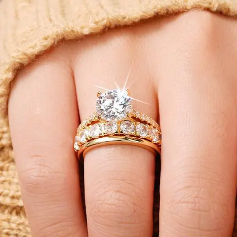 Women's 14K Gold Plated 3-Piece Elegant Ring Set - Solitaire Stackable Rings, Shiny Cubic Zirconia Costume Jewelry for Promise, Wedding Occasions