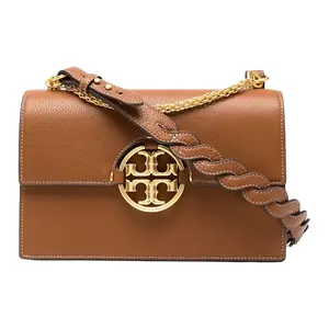 Tory Burch Miller Handbag for Women – Woven Double-T Logo Pebbled Leather Accordion Bag in Brown