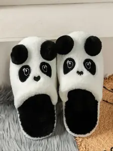 Women's Cute Panda Plush Slippers, Cartoon Animal One-Step Home Shoes, Soft Puffy Warm Indoor Slippers, Casual Winter Footwear, Non Slip Slippers