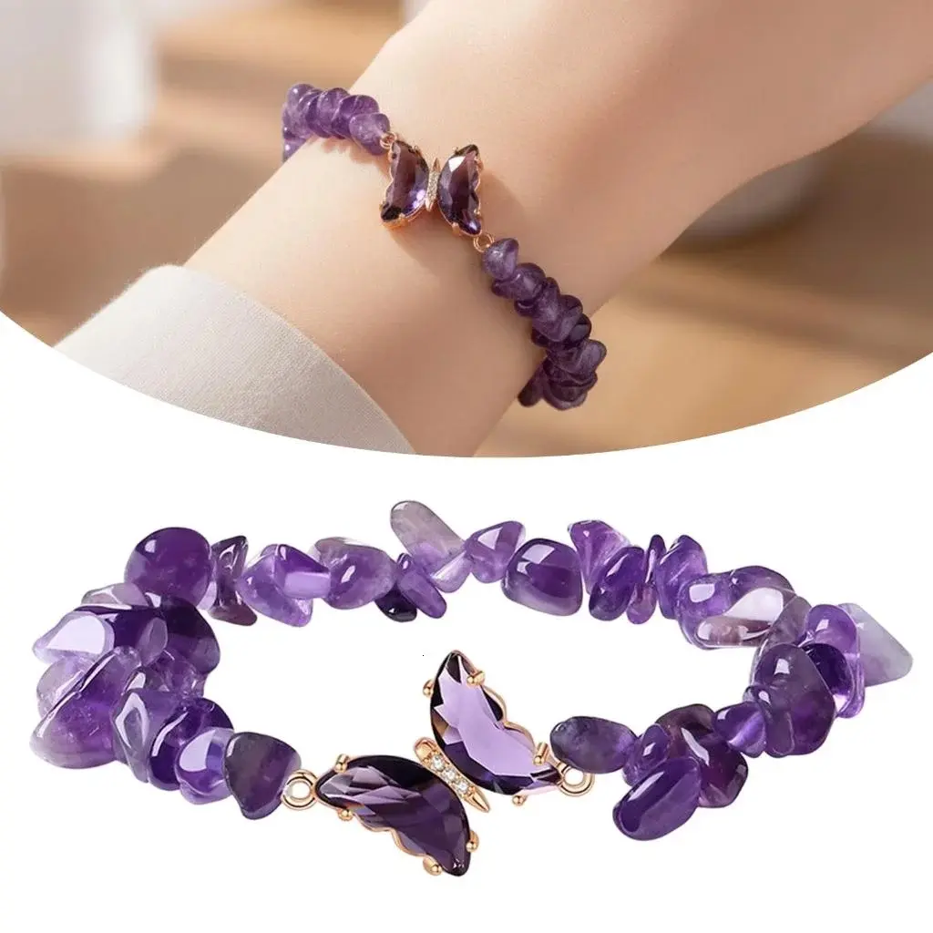 Amethyst Bracelet For Women Anxiety Amethyst Beaded Bracelets Butterfly Charms Healing Stone Layered Bracelet Gifts For Women