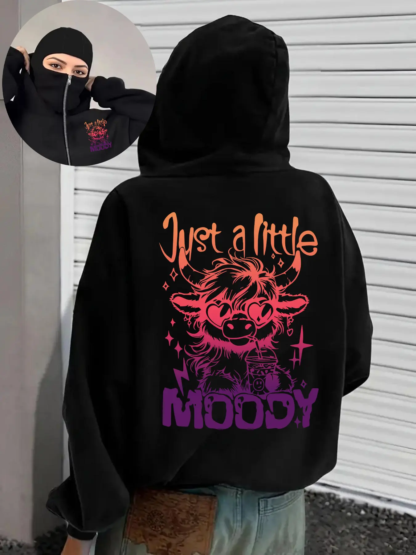Stylish Casual Women's Double Hood Balaclava with Zipper, Ribbed Cuffs, Elastic Waistband, All-Season Hoodie, Sweatshirts, Womenswear