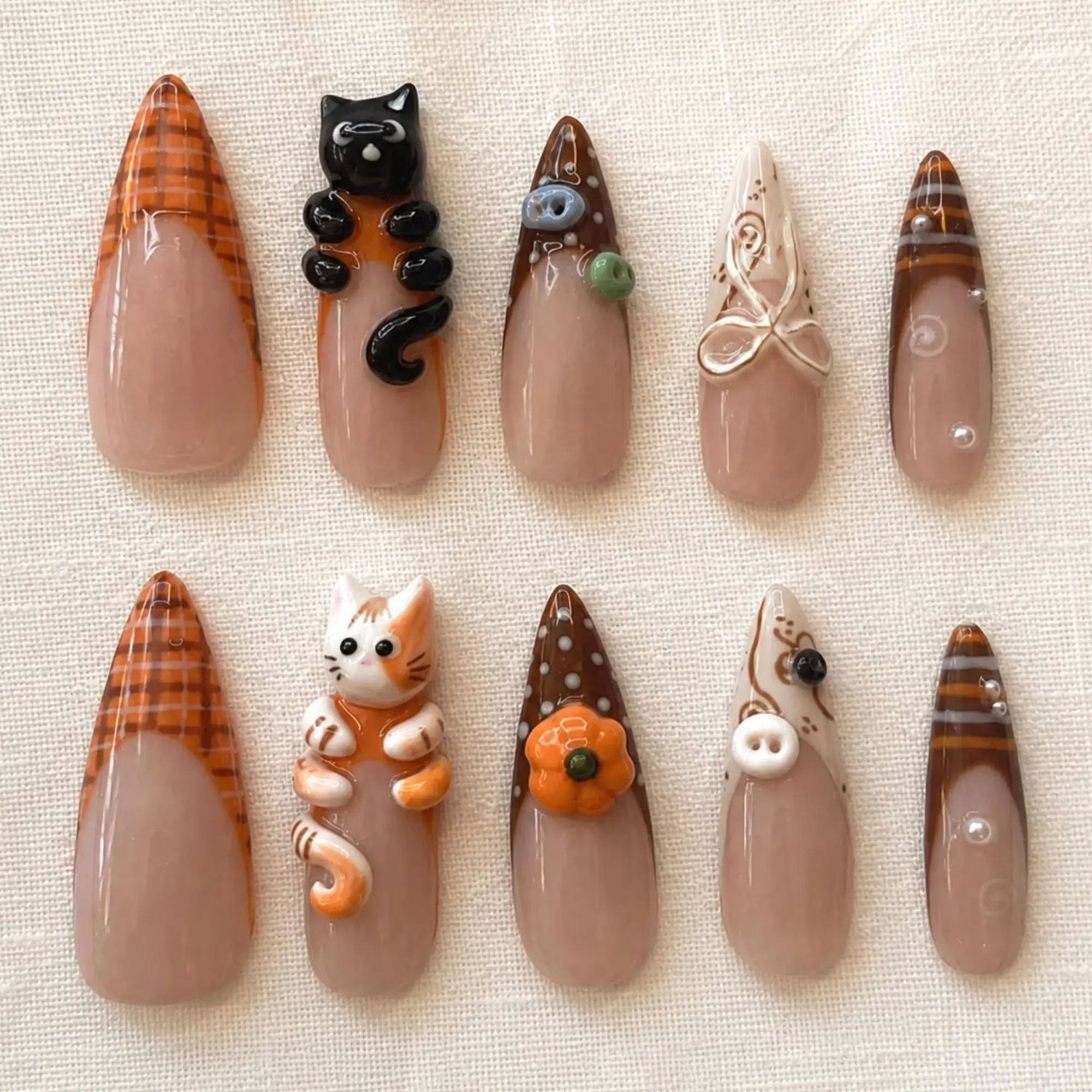 Cozy Fall Press On Nails, 3D Cat Autumn Nails, Brown Plaid Pumpkin Design