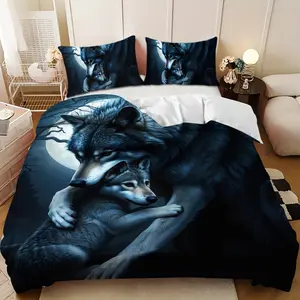 Bedding 3-piece set - 3PCS,Blue-black moonlight design with wolf mother and cub embracing down comforter set (1 comforter cover + 2 pillowcases, filling not included). soft and comfortable, suitable for family bedrooms.
