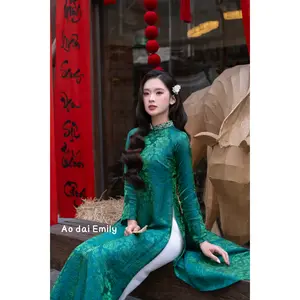 Dark Green Loose áo dài with design crystal collar | Cypress vine