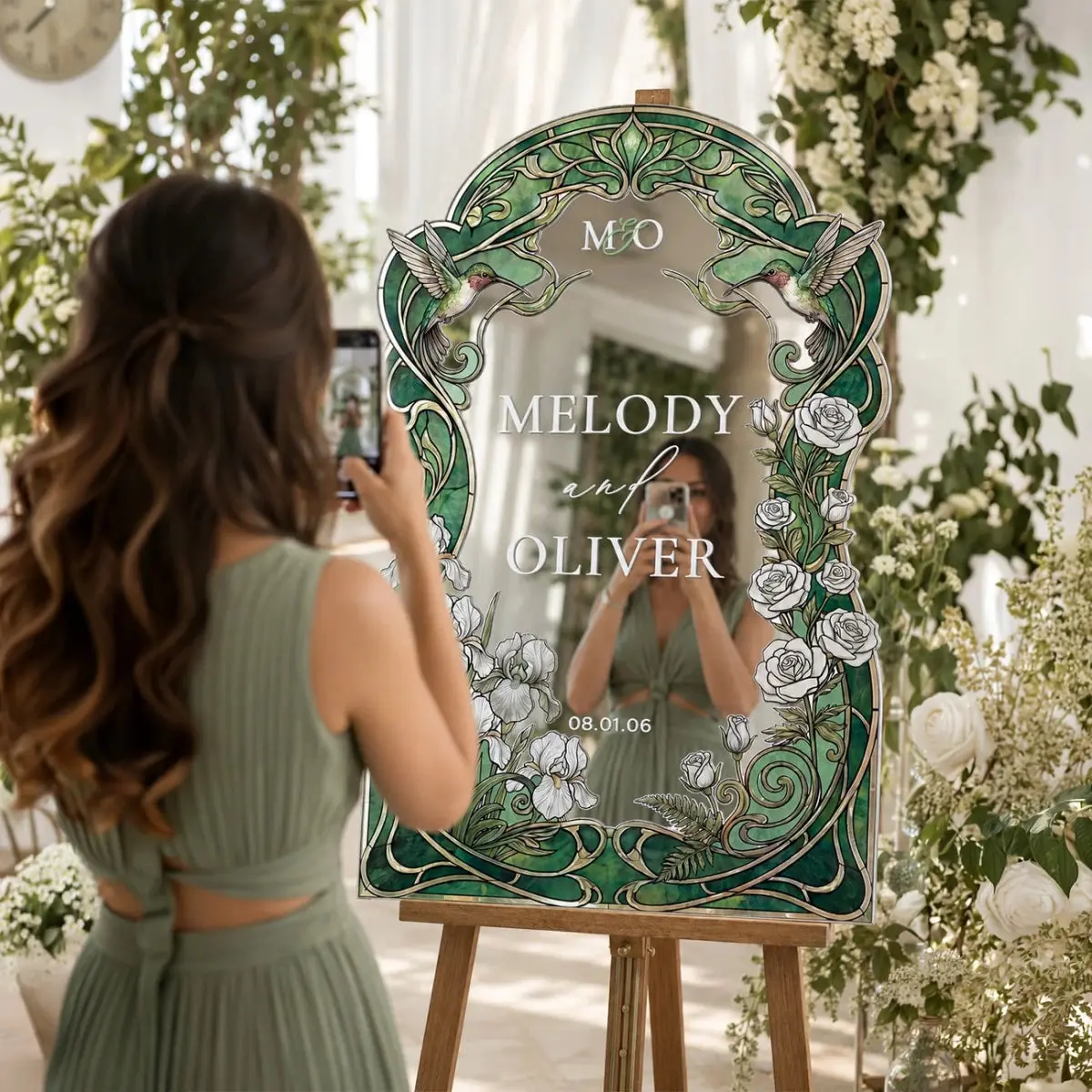 Monogram Stained Glass Wedding Welcome Sign — Green White Rose Arch