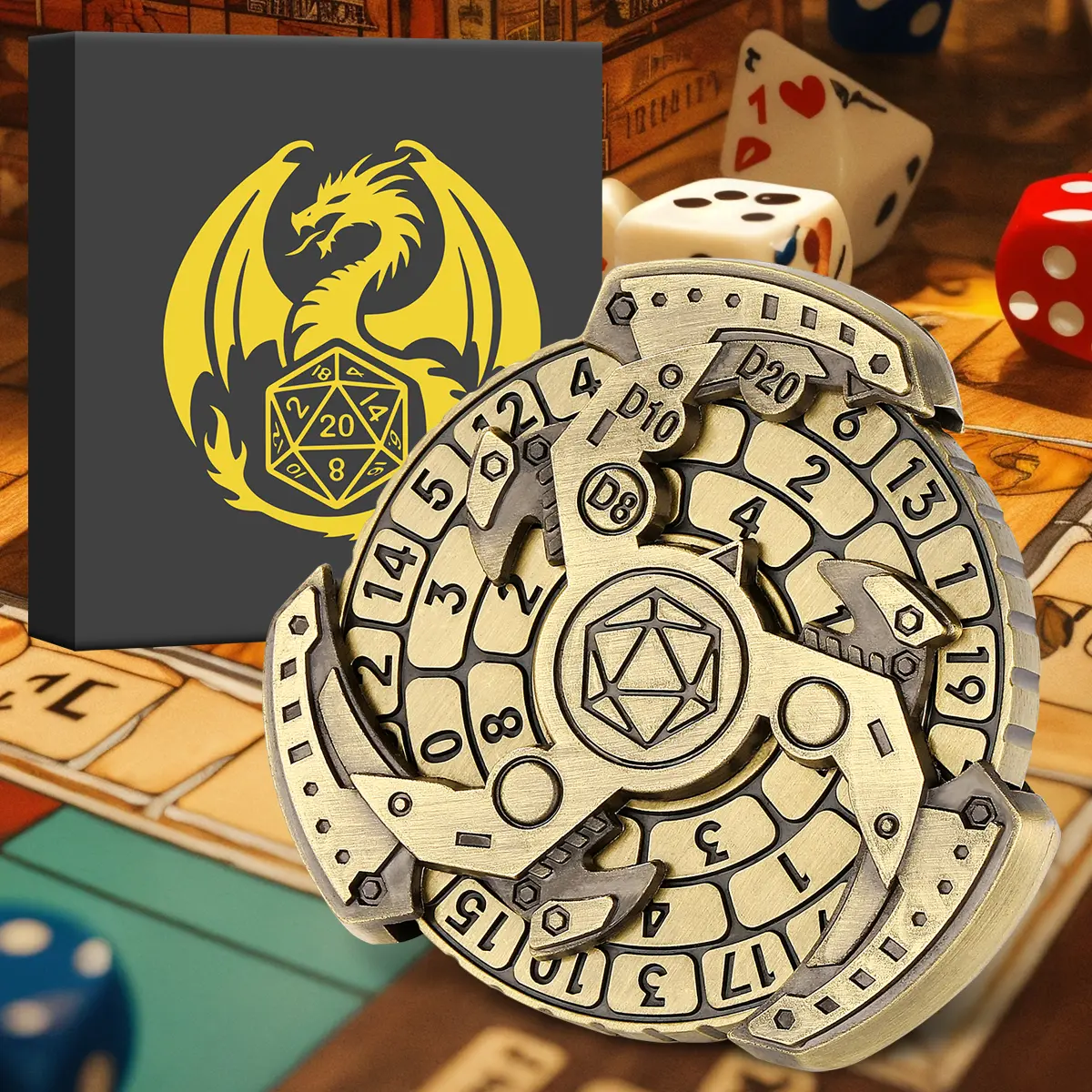 Wind And Fire Wheel DND Dice Wheel Gift Box Set, Fingertip Gyro Retro Compass Table Role Playing Game Dice, Parent Child Game, Toy Accessories Gift, Multiplayer Role Playing