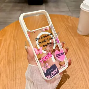 Pink bow heart element collage Fashion Pattern Transparent Acrylic Magnetic Phone Case for iPhone 17 16 15 14 13 12 11 X XS Pro Max Plus Air Samsung Galaxy S25 S24 S23 S22 Ultra-Thin Anti-Drop Wear-Resistant Mag Safe Phone Case