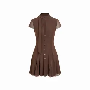 Cider Mesh High Neck Short Sleeve Draped A-line Mini Dress With Scarf SwimWeek