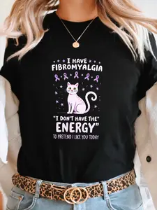 Women's Fibromyalgia Awareness T-Shirt with Cat & "I Have Fibromyalgia" Print - Short Sleeve Crew Neck Casual Top, Medium-Stretch Comfortable for Chronic Illness Group Outfits, Machine Washable Fibro Fog Visibility Apparel