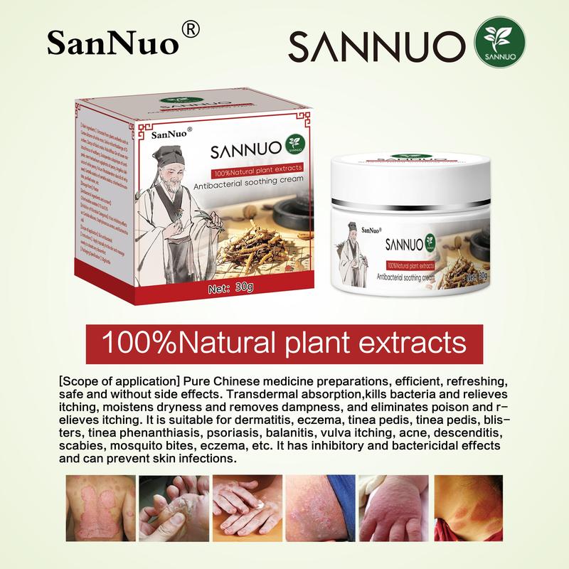 SanNuo Herbal Antibacterial Soothing Cream – Relieves Eczema, Psoriasis & Itching, Safe for Dry & Sensitive Skin, Zero Hormone & Fragrance-Free Creme for Eczema