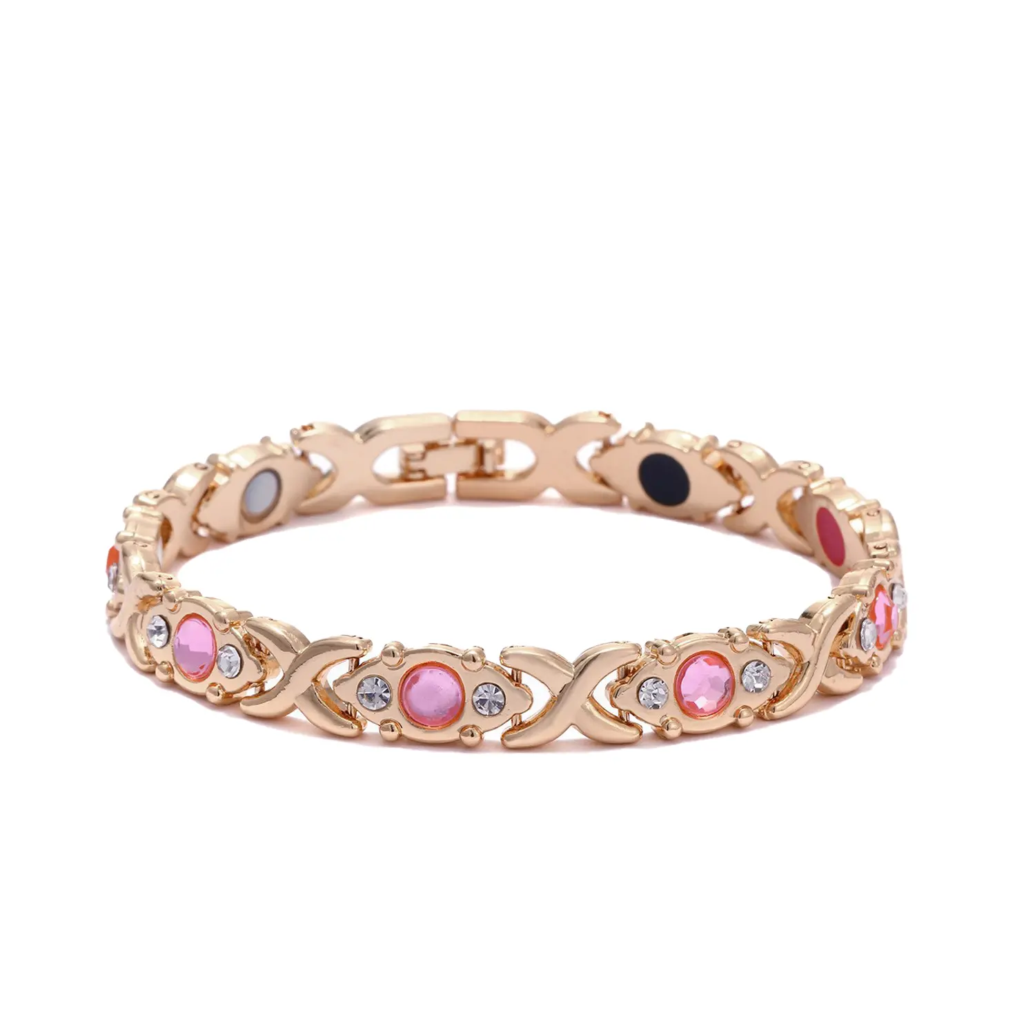 Women's Rose Gold Metal Coating Rhinestone Accent Link Bracelet - Elegant Female Costume Jewelry Gift for Special Days, Interlock Links
