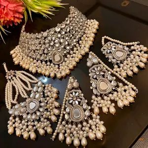 Heavy Kundan Stones and Imitation Pearls Bridal Necklace Set with Tikaa and Jhoomar